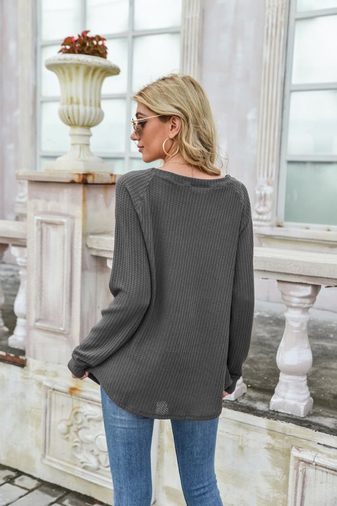 Off-the-Shoulder Waffle Knit Long Sleeve Top