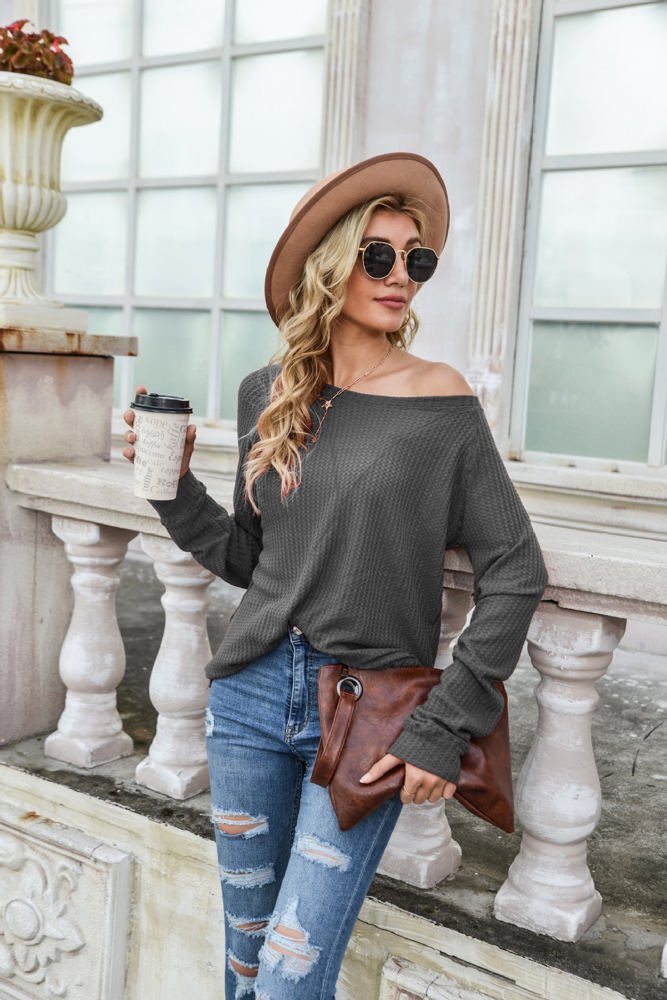 Off-the-Shoulder Waffle Knit Long Sleeve Top