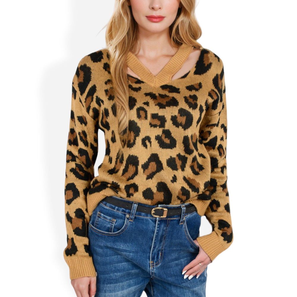 V-Neck Leopard Print Sweater with Cutout Detail and Long Sleeves