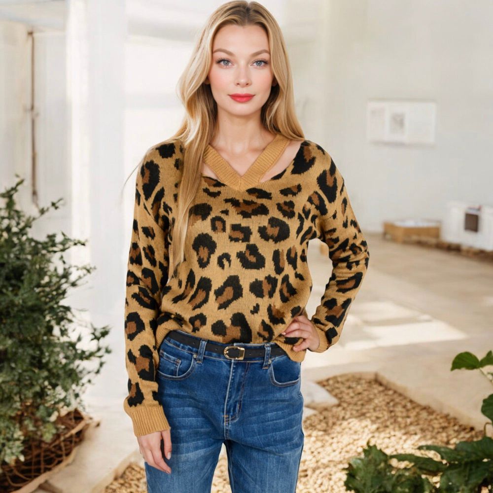 V-Neck Leopard Print Sweater with Cutout Detail and Long Sleeves