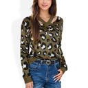 Green Large V-Neck Leopard Print Sweater with Cutout Detail and Long Sleeves