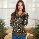 Green Large V-Neck Leopard Print Sweater with Cutout Detail and Long Sleeves