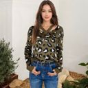 Green Large V-Neck Leopard Print Sweater with Cutout Detail and Long Sleeves