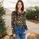 Green Large V-Neck Leopard Print Sweater with Cutout Detail and Long Sleeves