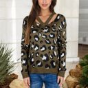 Green Large V-Neck Leopard Print Sweater with Cutout Detail and Long Sleeves