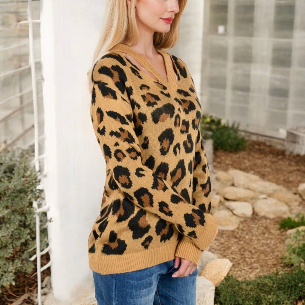 V-Neck Leopard Print Sweater with Cutout Detail and Long Sleeves