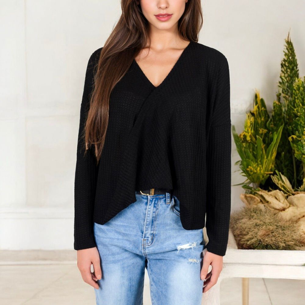 Waffle Knit Surplice Wrap Long Sleeve Top