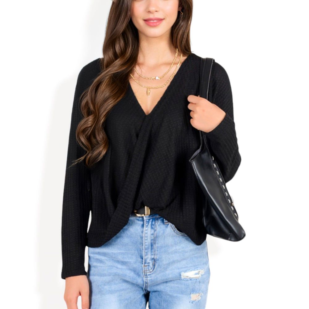 Waffle Knit Surplice Wrap Long Sleeve Top