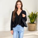 Black XXL Waffle Knit Surplice Wrap Long Sleeve Top