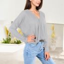 Gray XXL Waffle Knit Surplice Wrap Long Sleeve Top