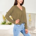 Green XXL Waffle Knit Surplice Wrap Long Sleeve Top