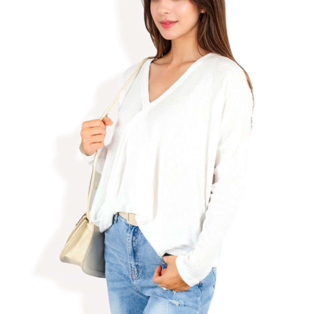 Waffle Knit Surplice Wrap Long Sleeve Top