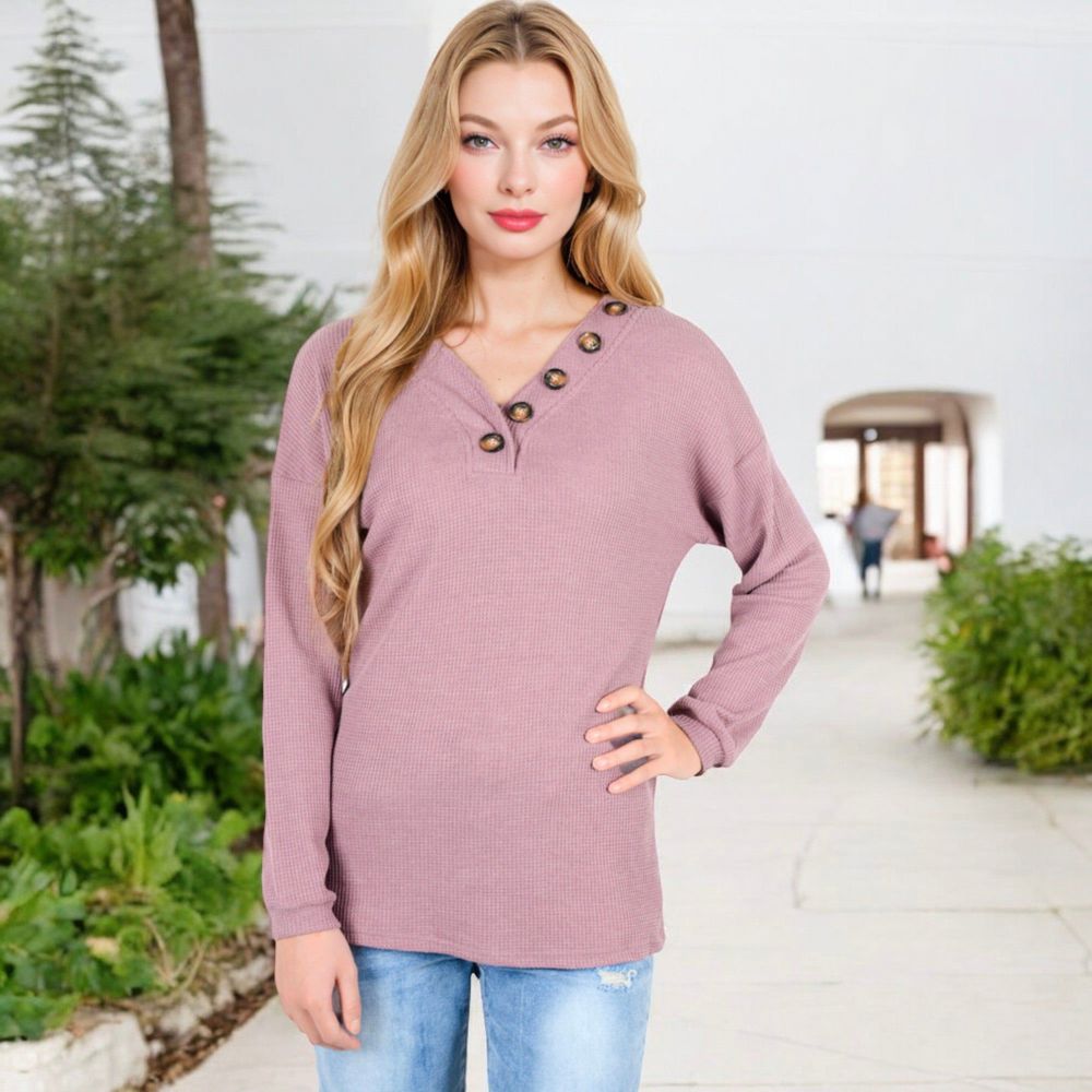 Waffle Knit Button-Accent Long Sleeve Top with V-Neck