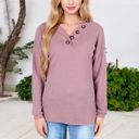  Waffle Knit Button-Accent Long Sleeve Top with V-Neck