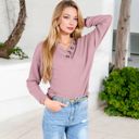  Waffle Knit Button-Accent Long Sleeve Top with V-Neck