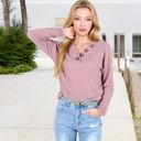  Waffle Knit Button-Accent Long Sleeve Top with V-Neck