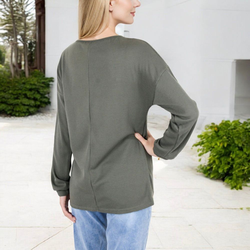 Waffle Knit Button-Accent Long Sleeve Top with V-Neck