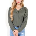 Green Large Waffle Knit Button-Accent Long Sleeve Top with V-Neck