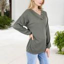 Green Large Waffle Knit Button-Accent Long Sleeve Top with V-Neck