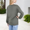 Green Large Waffle Knit Button-Accent Long Sleeve Top with V-Neck