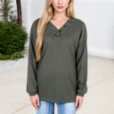 Green Large Waffle Knit Button-Accent Long Sleeve Top with V-Neck