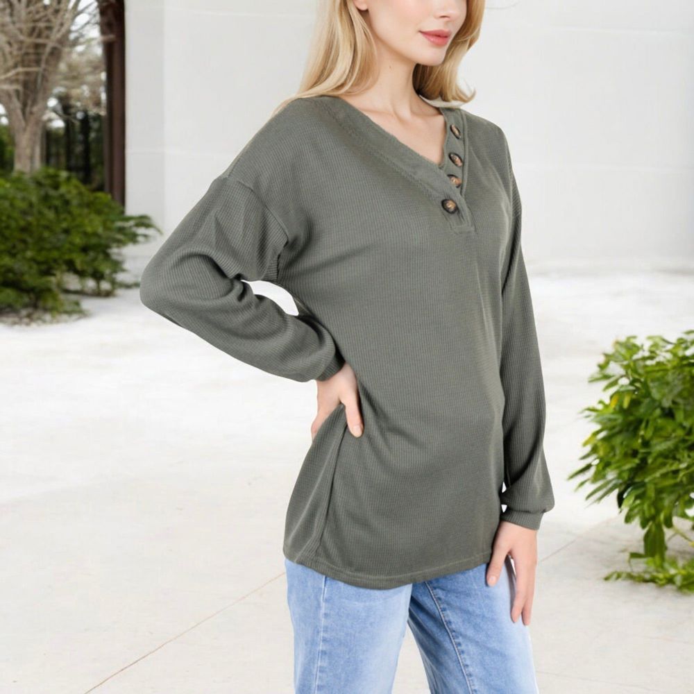 Waffle Knit Button-Accent Long Sleeve Top with V-Neck