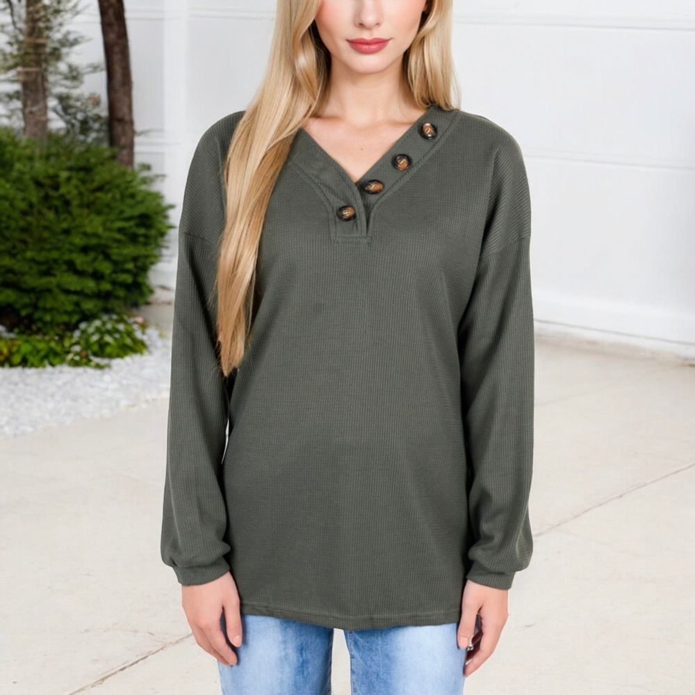 Waffle Knit Button-Accent Long Sleeve Top with V-Neck