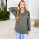 Green Small Waffle Knit Button-Accent Long Sleeve Top with V-Neck