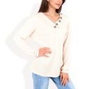 Brown Large Waffle Knit Button-Accent Long Sleeve Top with V-Neck