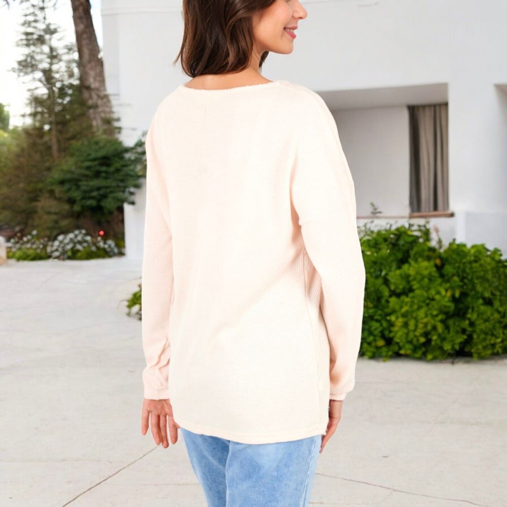 Waffle Knit Button-Accent Long Sleeve Top with V-Neck