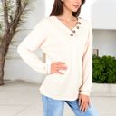 Brown Large Waffle Knit Button-Accent Long Sleeve Top with V-Neck