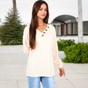 Brown Large Waffle Knit Button-Accent Long Sleeve Top with V-Neck