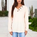 Brown Large Waffle Knit Button-Accent Long Sleeve Top with V-Neck