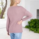 Pink XXL Waffle Knit Button-Accent Long Sleeve Top with V-Neck