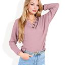 Pink Large Waffle Knit Button-Accent Long Sleeve Top with V-Neck