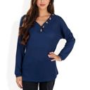 Blue Large Waffle Knit Button-Accent Long Sleeve Top with V-Neck