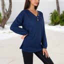 Blue Large Waffle Knit Button-Accent Long Sleeve Top with V-Neck