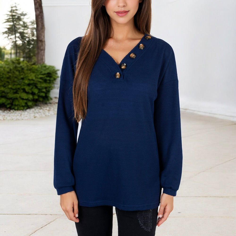 Waffle Knit Button-Accent Long Sleeve Top with V-Neck