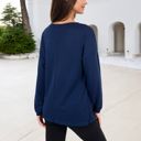 Blue Large Waffle Knit Button-Accent Long Sleeve Top with V-Neck