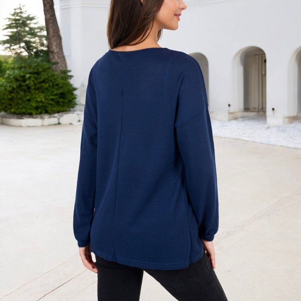 Waffle Knit Button-Accent Long Sleeve Top with V-Neck