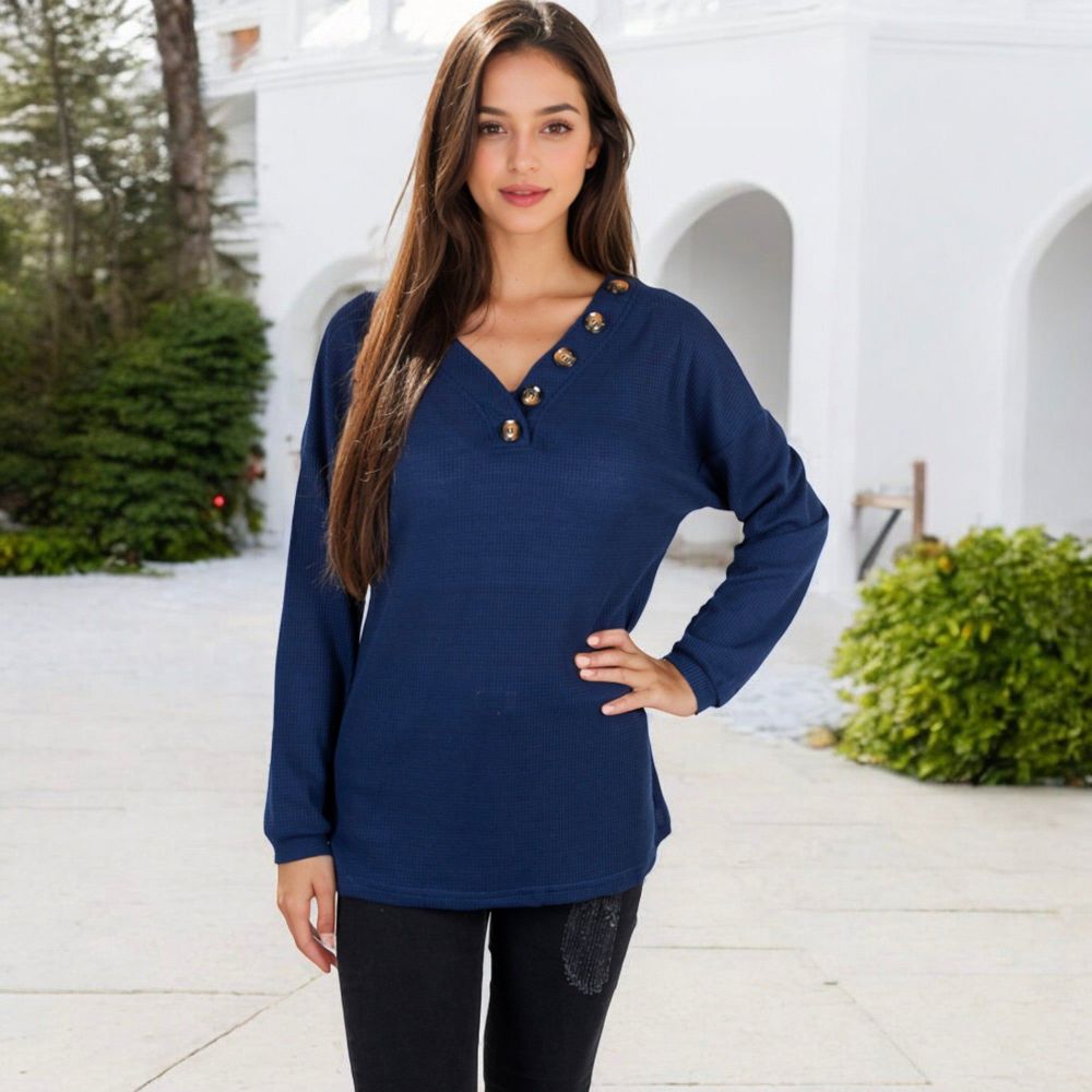 Waffle Knit Button-Accent Long Sleeve Top with V-Neck