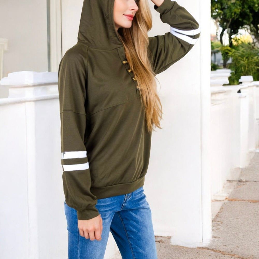 Button-Front Hoodie with Stripe Sleeve Detail and Relaxed Fit