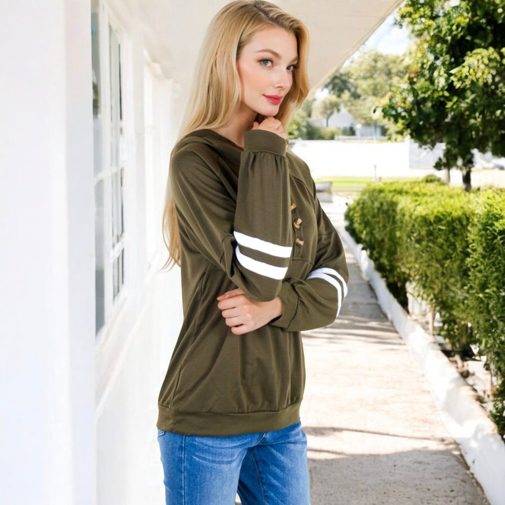 Button-Front Hoodie with Stripe Sleeve Detail and Relaxed Fit