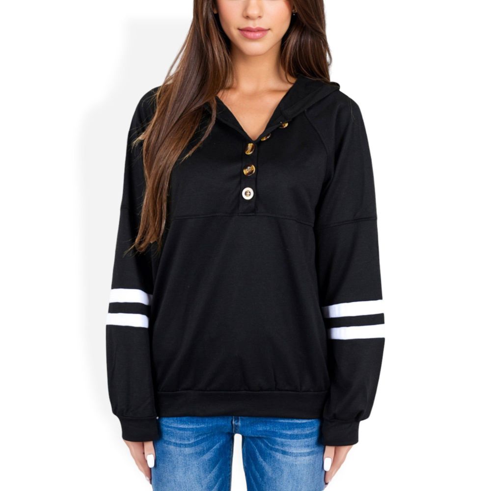 Button-Front Hoodie with Stripe Sleeve Detail and Relaxed Fit