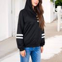 Black Large Button-Front Hoodie with Stripe Sleeve Detail and Relaxed Fit