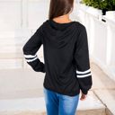 Black Large Button-Front Hoodie with Stripe Sleeve Detail and Relaxed Fit