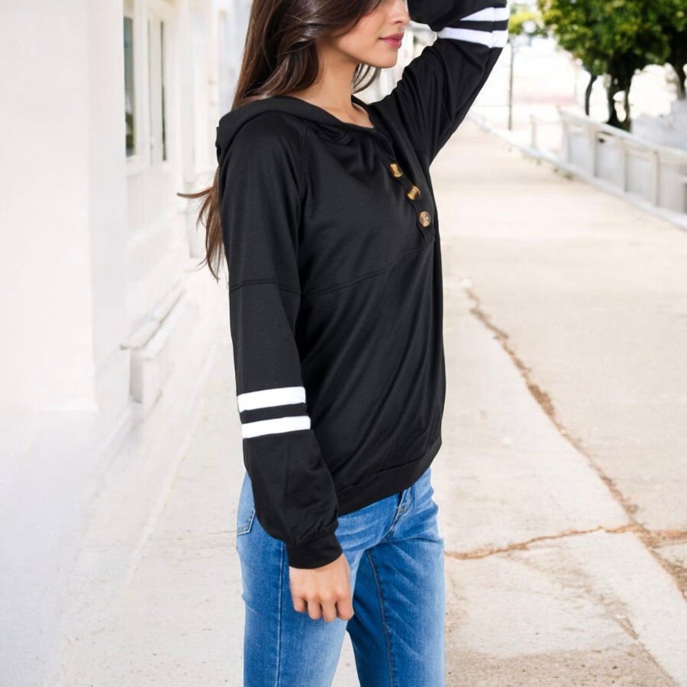 Button-Front Hoodie with Stripe Sleeve Detail and Relaxed Fit