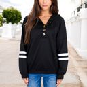 Black Large Button-Front Hoodie with Stripe Sleeve Detail and Relaxed Fit