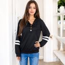 Black Large Button-Front Hoodie with Stripe Sleeve Detail and Relaxed Fit