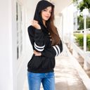 Black Large Button-Front Hoodie with Stripe Sleeve Detail and Relaxed Fit